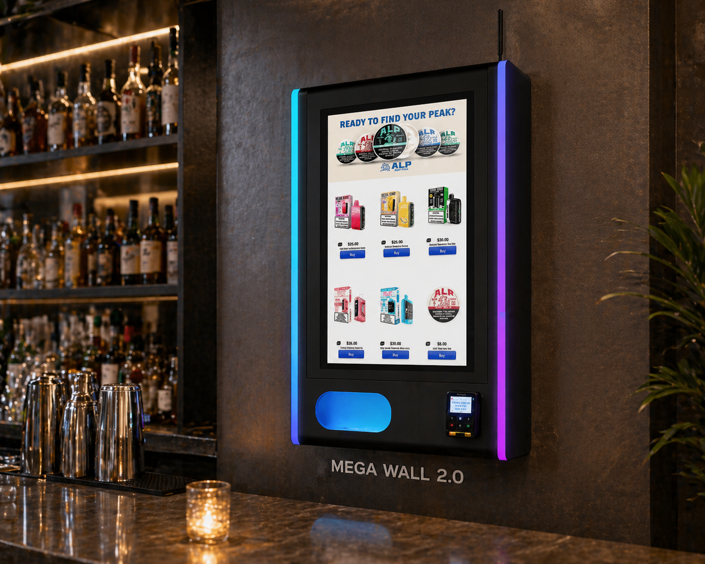 Mega Wall 2.0 vape vending machine with RGB lighting mounted on bar wall