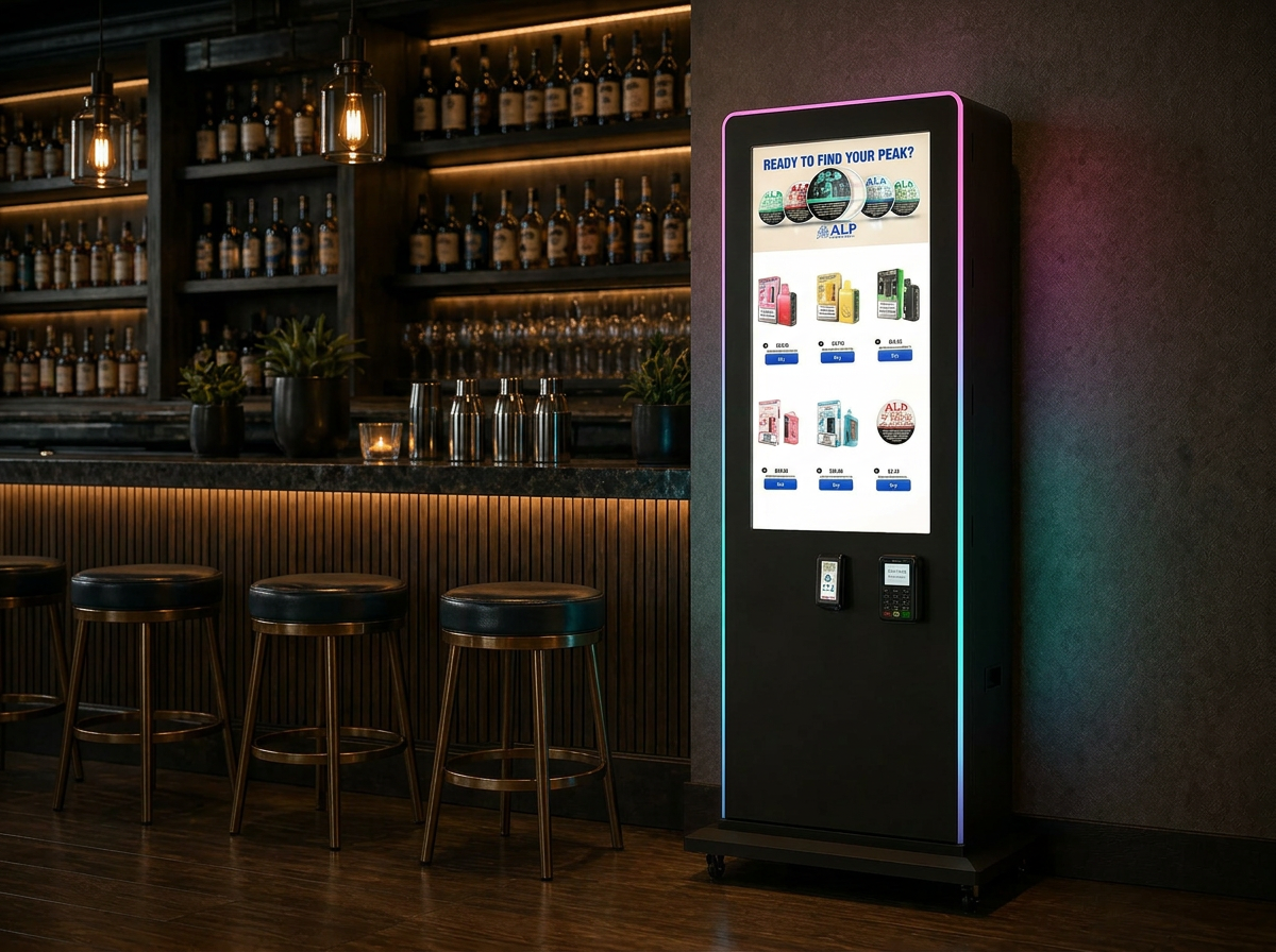 Slim Tower free-standing vape vending machine with RGB lighting in a dark bar