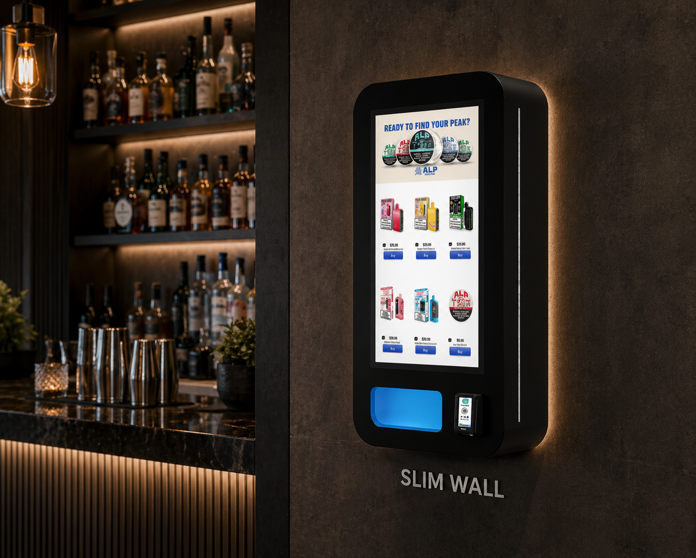 Slim Wall vape vending machine mounted on bar wall