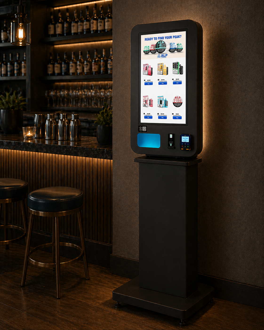 Slim Wall vape vending machine on a free-standing pedestal next to a bar