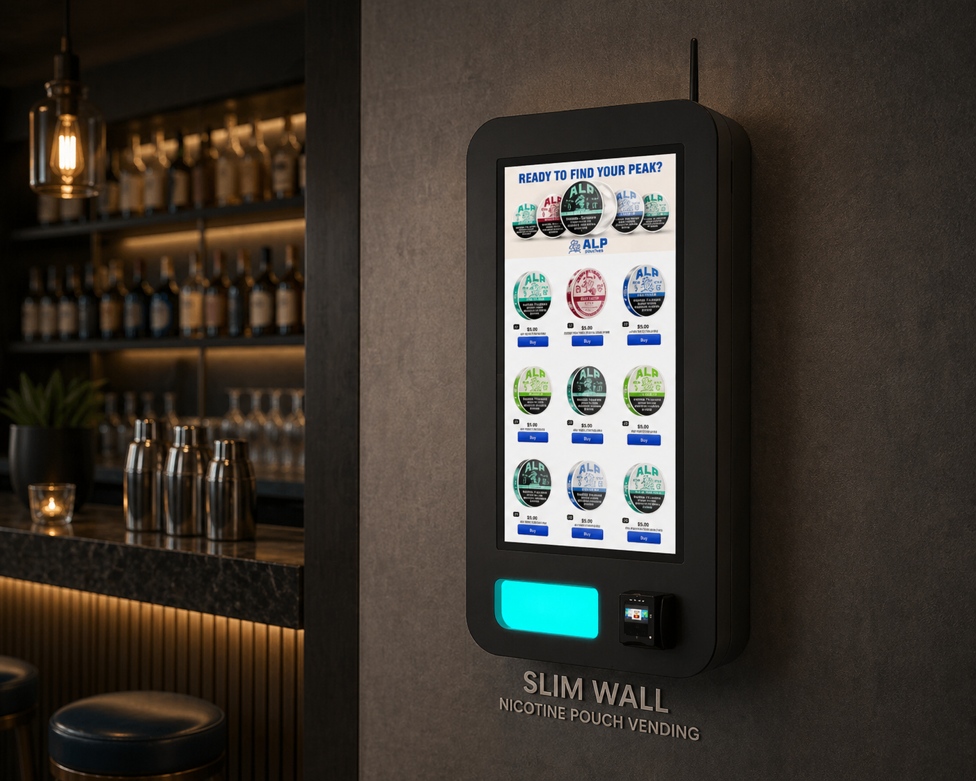 Slim Wall Nicotine Pouch vending machine mounted on bar wall